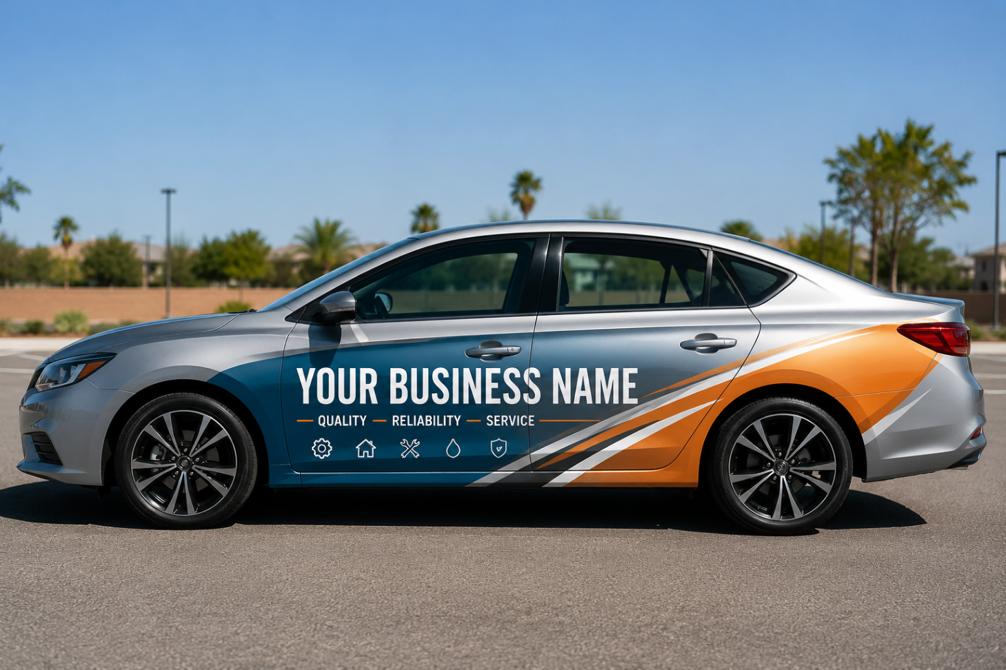 Sedan with a two-tone partial vinyl wrap and custom branding