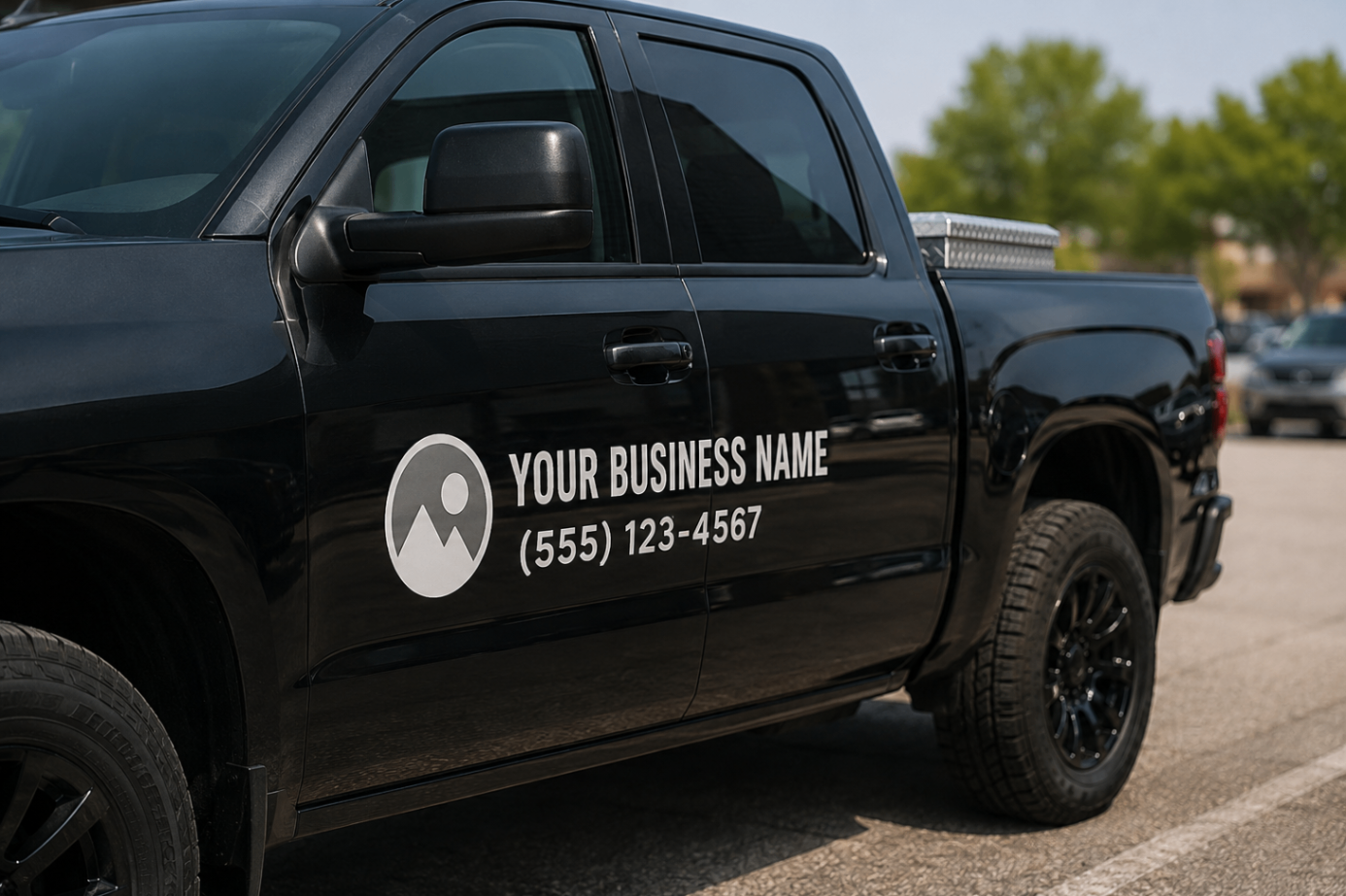 Custom vinyl lettering and logo on a pickup truck door — any text, logo, or contact info can be applied