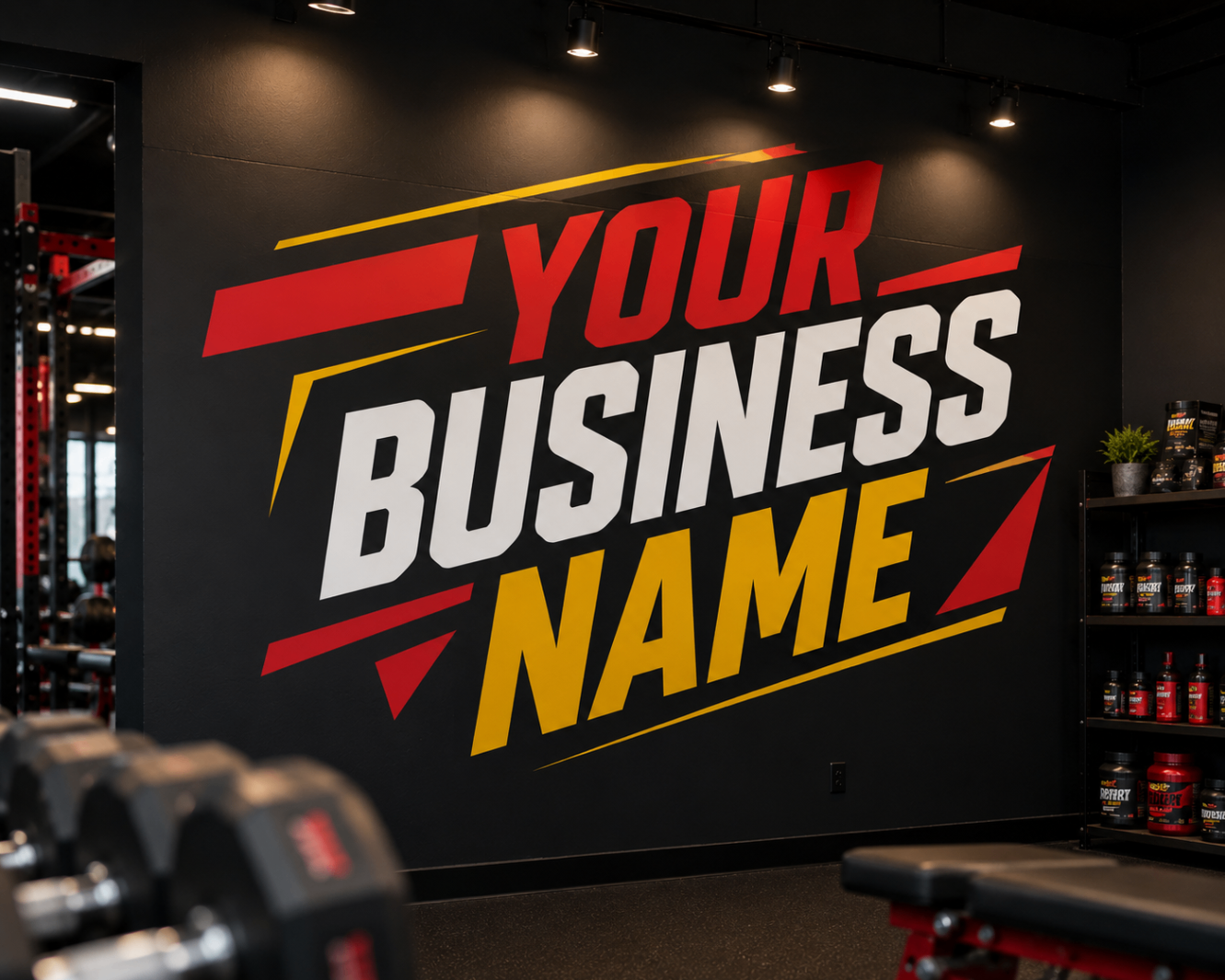Bold multi-color vinyl wall mural in a gym