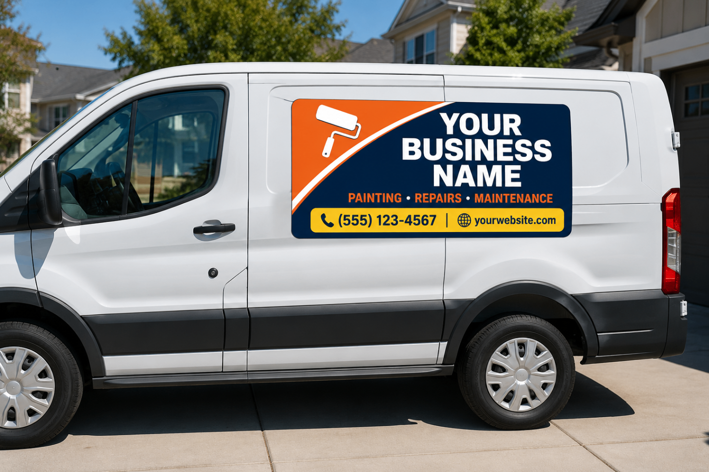Large vinyl side panel on a service van with logo, services, and contact info