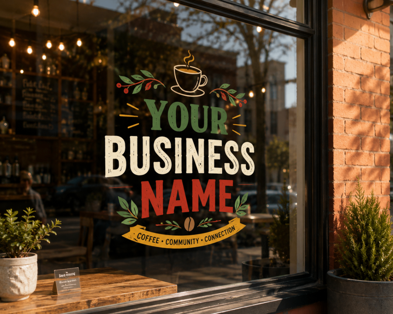 Multi-color vintage-style vinyl lettering and illustration on a cafe window